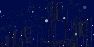 动画移动的时钟在下雪和城市景观在蓝色的背景