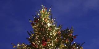在夜空的背景下，装饰好的圣诞树的顶部。向右移动摄像机。为圣诞假期而装饰的城市