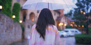 亚洲年轻女子走在下雨的街道伞下。