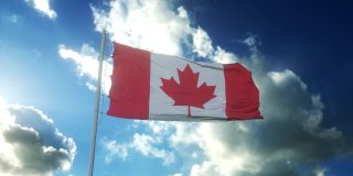 加拿大国旗在美丽的蓝天下迎风飘扬