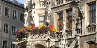 德国慕尼黑——2019年10月25日:慕尼黑的新市政厅装饰着各种盛开的鲜花。马里恩广场，城市的中心广场