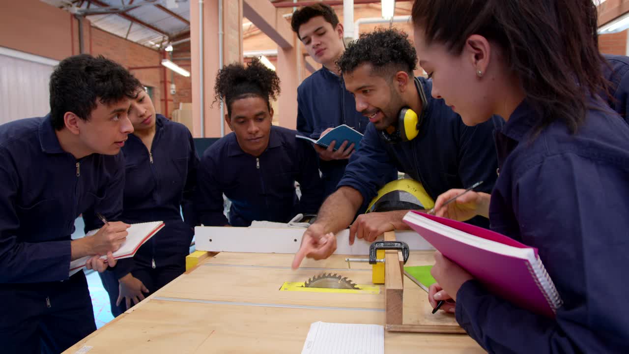 一位拉丁美洲的男教师向他的学生们解释木工实验室里的刀具是如何工作的，而学生们都很注意
