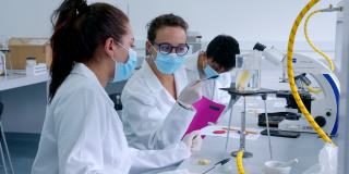 一群拉丁美洲的生物学学生在实验室里观察在试管和烧杯中加热的样品的反应