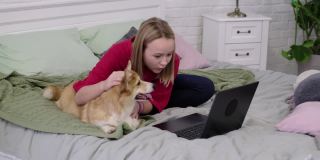 十几岁的女孩和有趣的柯基狗和笔记本电脑在家里的床上。舒适的工作环境，在线教育，E-learning理念。与笔记本电脑远程通信