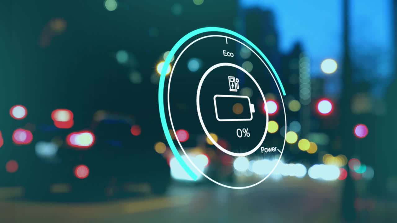 电动汽车界面充电状态数据变化的动画，在城市夜间