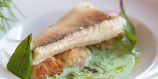 海鲜餐厅晚餐必备的海鲈鱼。美味的白色鱼片装盘