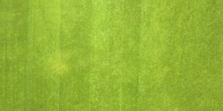 鸟瞰图:夏季足球场上用割草机修剪青草的工人的小身影