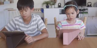混合亚洲儿童在家里使用数字平板电脑，在线远程学习，教育，电子学习，家庭教育的概念