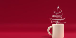 红色背景下，一杯热咖啡或茶的烟制成的圣诞树新年贺卡，分辨率为4K