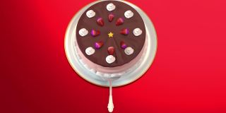 新年贺卡与圣诞树制作的白色盘子上的蛋糕，红色背景，4K分辨率