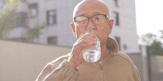 一位亚洲老人，戴着老花镜，站在外面的阳光下喝水