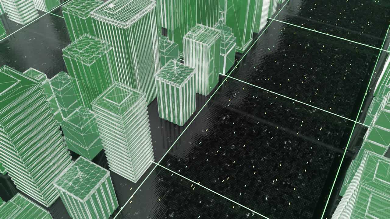 明亮美丽的霓虹灯线框抽象的数字城市中心与摩天大楼在黑色的背景。动画。数字技术和商业概念，3d模拟城市街道