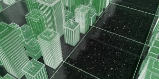 明亮美丽的霓虹灯线框抽象的数字城市中心与摩天大楼在黑色的背景。动画。数字技术和商业概念，3d模拟城市街道