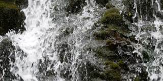 美丽的自然瀑布从喀尔巴阡山脉倾泻而下，长满了绿色的苔石。