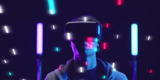 超时空VR虚拟现实游戏，男女超时空虚拟数字世界技术游戏，用VR护目镜控制未来数字技术