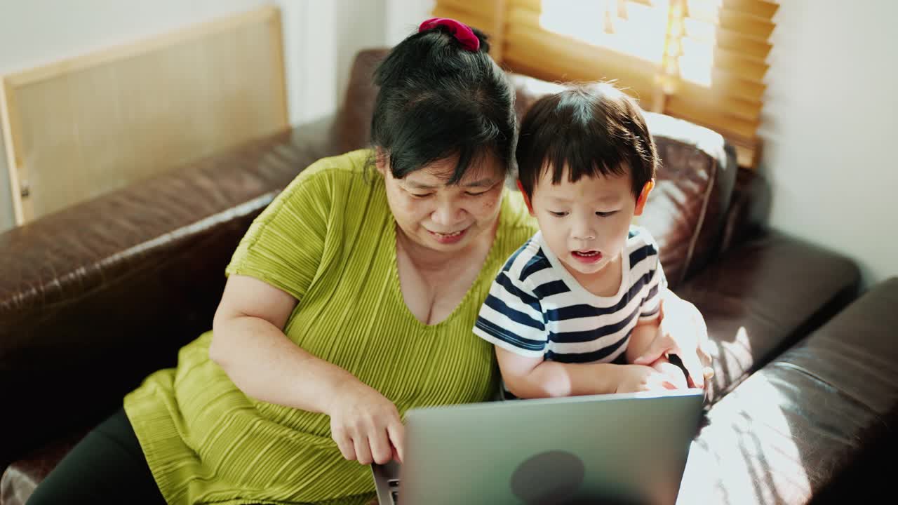 慈祥奶奶陪孙子看网上学习资料。