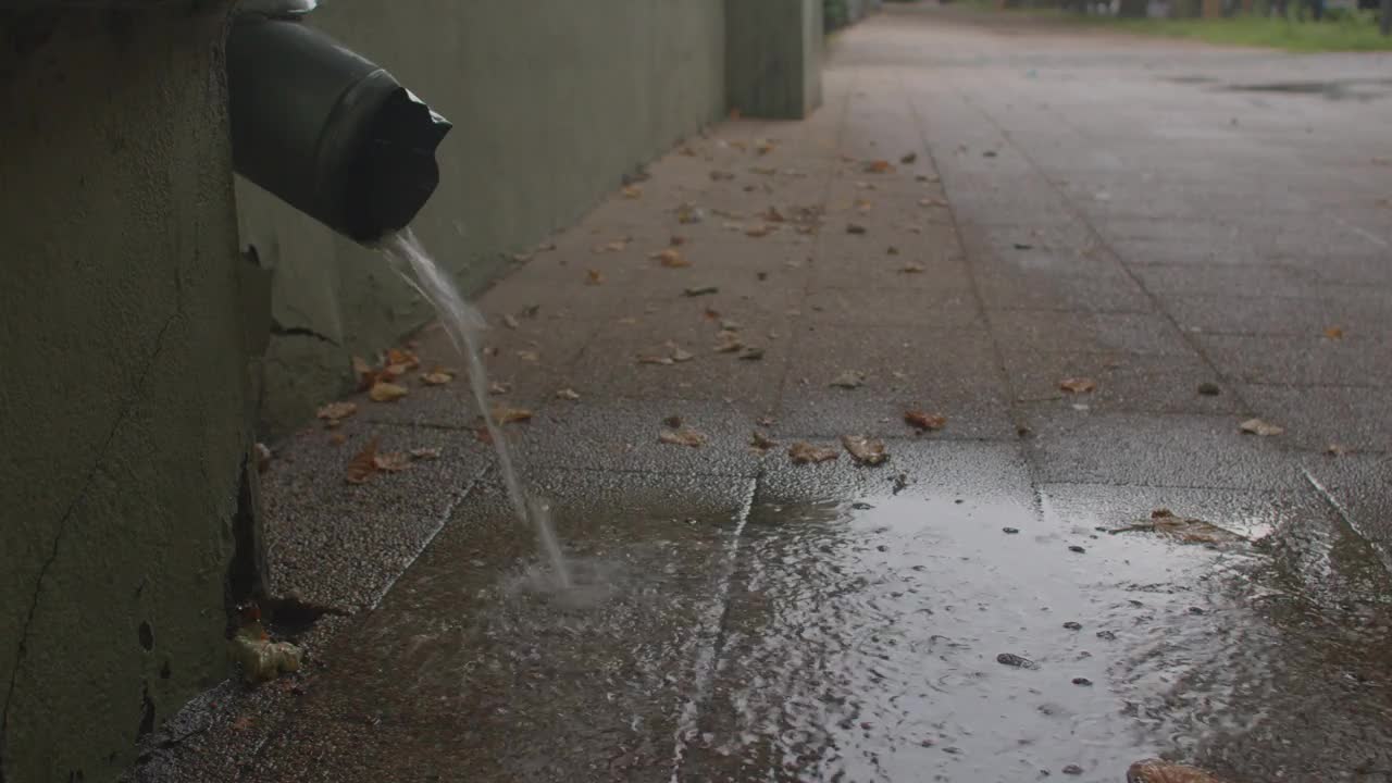 水从管道流出，流到家里的暴雨系统的沥青工作。