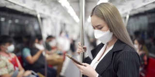 2019冠状病毒病大流行期间乘坐地铁时使用智能手机的女商人