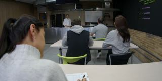 烹饪学生在理论课上向站在教室前面的女老师提问的背影