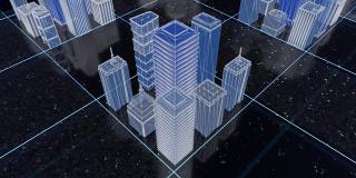 明亮美丽的霓虹灯线框抽象的数字城市中心与摩天大楼在黑色的背景。动画。数字技术和商业概念，3d模拟城市街道。