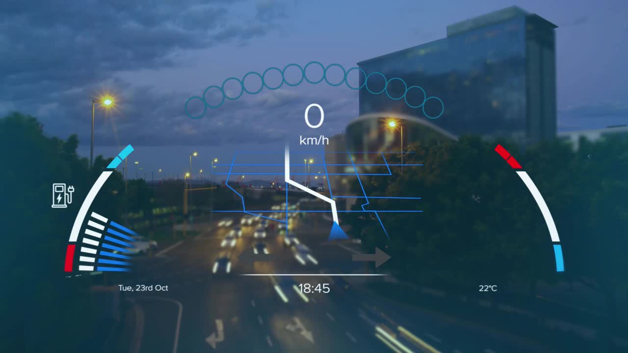 动画速度计，gps和充电数据的界面上，超过加速城市交通在夜间