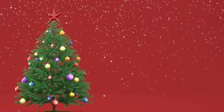 带有玩具的动画假圣诞树站在红色的背景上。下雪了。空间的文本。动画的3D渲染。