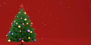 动画卡通雪和玩具圣诞树站在红色的背景上。下雪了。空间的文本。动画的3D渲染。后处理,动画效果