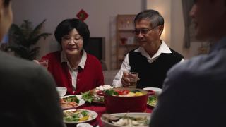 一位身着红色衣服的快乐老妇人在家中举行的团圆饭会上举起酒杯，向家人敬酒，庆贺农历新年视频素材模板下载