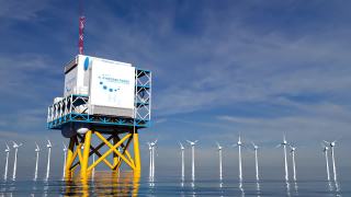氢H2可再生海上能源生产-绿色氢气清洁电力太阳能和风力涡轮机设施视频素材模板下载