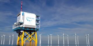 氢H2可再生海上能源生产-绿色氢气清洁电力太阳能和风力涡轮机设施