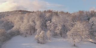 航拍:无人机在日出时拍摄的乡村雪景。