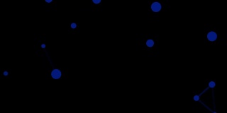 摘要:蓝色几何丛在黑色背景上与线和点的运动，蓝点和粒子的运动视频设计者。动画——图形。