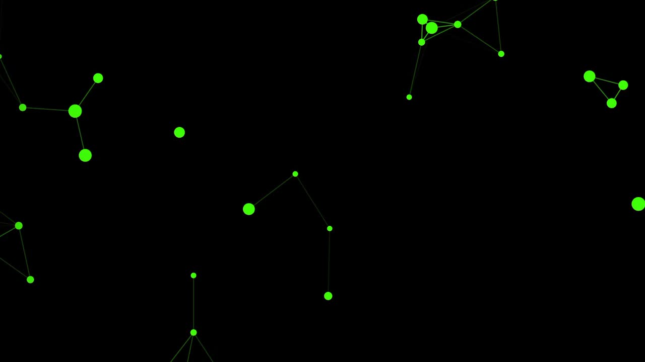 摘要带有控制粒子的绿色数字背景，三角形单元的几何背景。黑色背景上的绿色数字多边形。神经丛连线运动