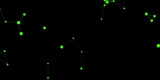 摘要带有控制粒子的绿色数字背景，三角形单元的几何背景。黑色背景上的绿色数字多边形。神经丛连线运动
