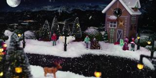 2022年圣诞节和新年前夕。圣诞村下雪了，有圣诞老人的冬日神奇风景。定格动画为节日的圣诞城市和山脉在晚上。节日的问候。