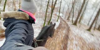 自拍:一个寒冷的冬天，一个年轻女子牵着她的马沿着森林小径前行。