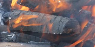 燃烧的木头在最近燃起的火里。为烤架燃烧木材。