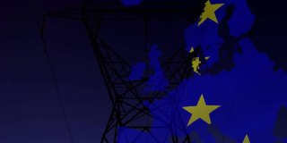 动画欧洲联盟旗帜和欧洲地图在电塔上