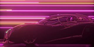 未来的概念。跑车在发光的霓虹灯线的背景。粉红色紫色。三维动画无缝循环