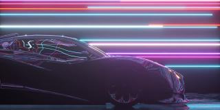 未来的概念。跑车在发光的霓虹灯线的背景。蓝色紫色。三维动画无缝循环