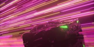 未来的概念。跑车在发光的霓虹灯线的背景。粉红色紫色。三维动画无缝循环