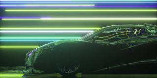 未来的概念。跑车在发光的霓虹灯线的背景。蓝色绿色。三维动画无缝循环