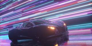 未来的概念。跑车在发光的霓虹灯线的背景。蓝色紫色。三维动画无缝循环