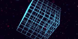 摘要辉光粒子在空间中形成三维物体。多维数据集。Vj环路作为虚拟数字空间的bg。粒子形成全息图形，作为大数据、网络或虚拟空间的概念。科幻动画设计bg。