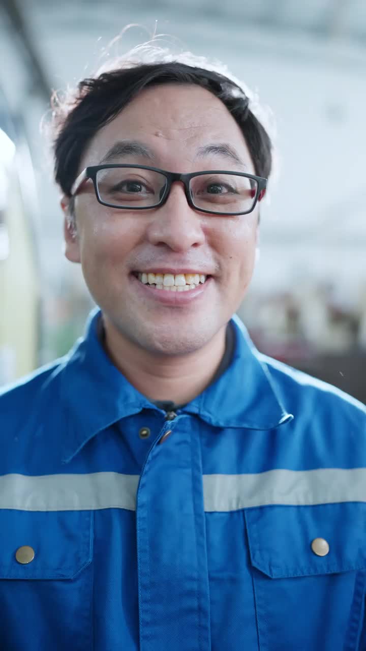 垂直拍摄肖像微笑开朗的亚洲lapanese男性技术员工程师穿着安全制服笑微笑幸福的工作环境在制造工厂的背景