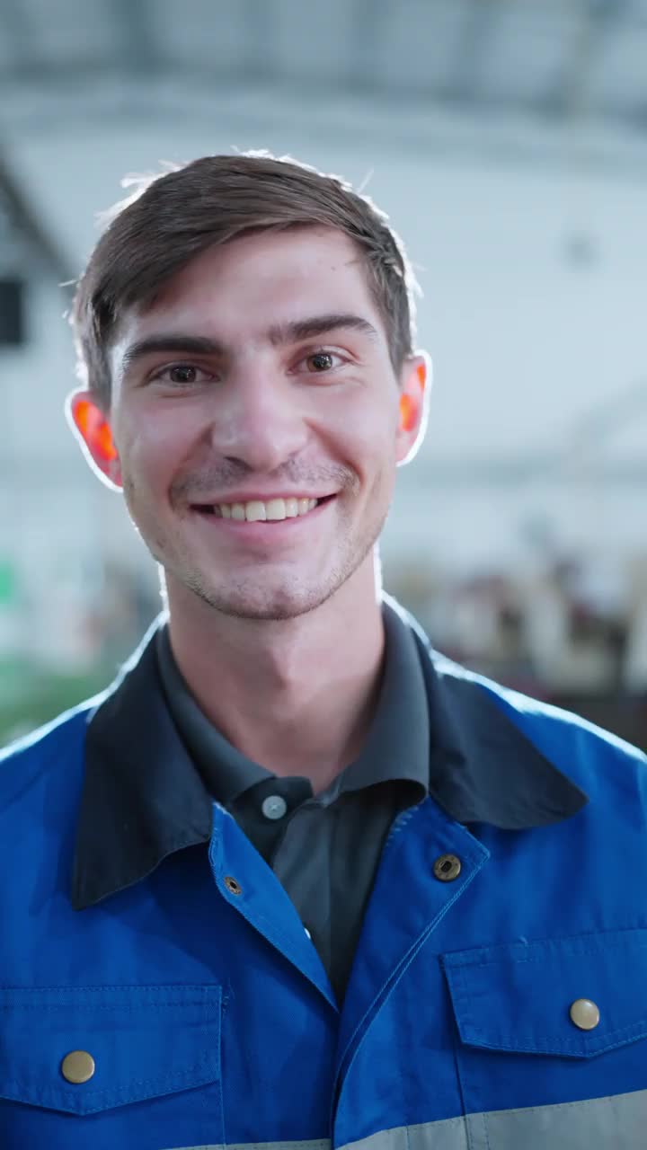 垂直拍摄肖像微笑开朗的白人白人男性技术员工程师穿着安全制服笑微笑幸福的工作环境在制造工厂的背景