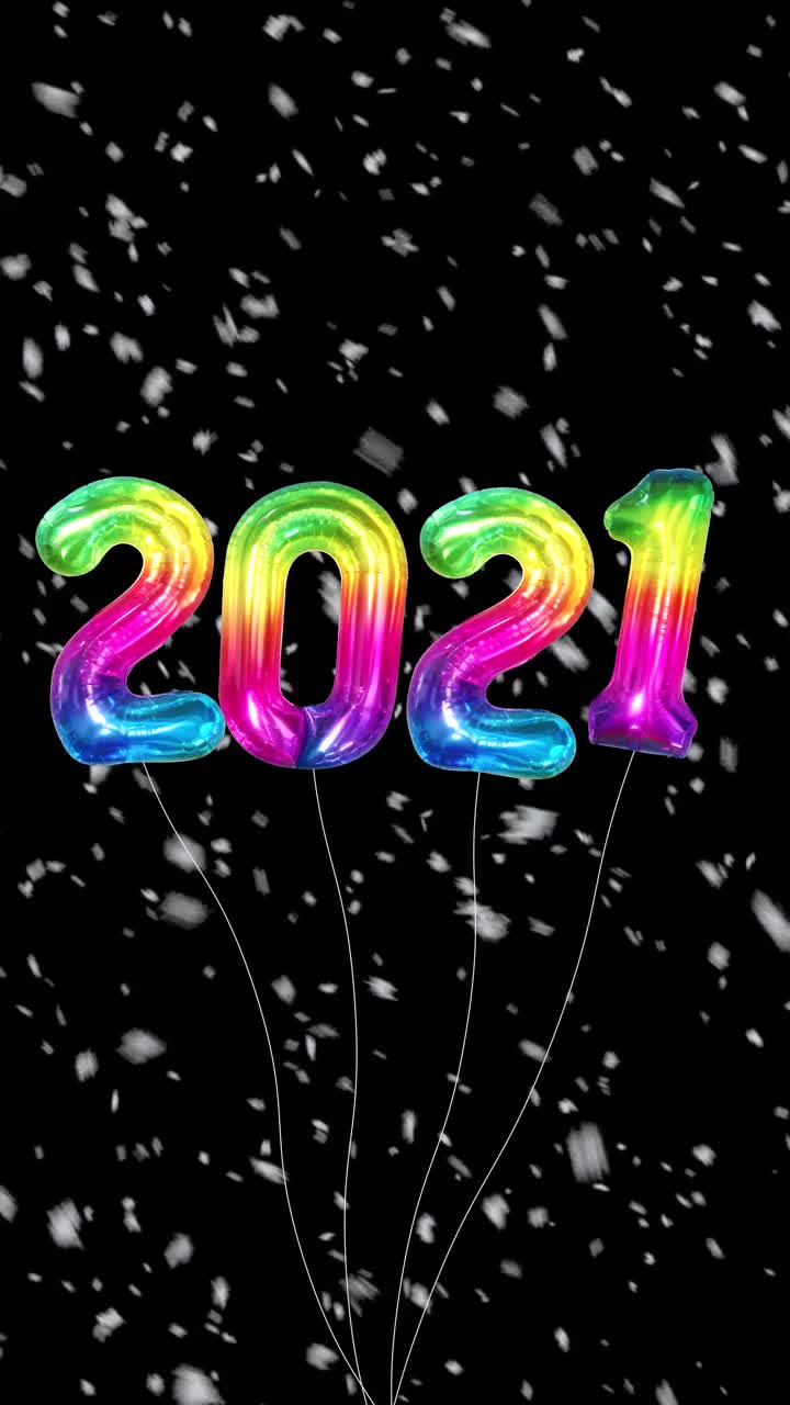 2022年新年快乐定格彩虹气球动画概念。雪的背景。