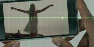 数据处理的动画，商人拿着智能手机和女人跳舞