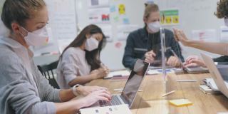 2019冠状病毒病大流行期间，一群戴着防护口罩的商务人士坐在银行办公室的办公桌前，戴着防打喷嚏装置，使用电脑