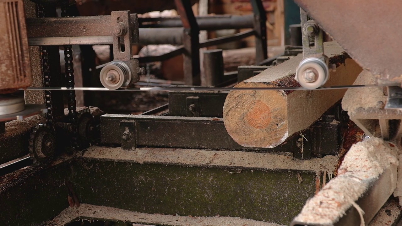 在锯木厂加工和锯木。在动力机器上锯木头。锯木厂的生产过程。